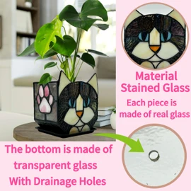 Entlityful Stained Glass Black Cat Flower Pot,Succulent Pots with Drainage,Unique Black Cat Planter,Flower Pots for Indoor Plants,Glass Container Display Decoration,Cute Plant Gifts