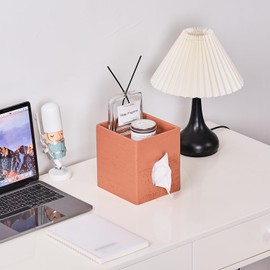 Reddish Brown Natural Travertine Textures Square Tissue Box Cover with Storage Tray, Tissue Holder Decorative Organizer for Bathroom, Vanity, Kitchen Countertop, Bedroom Night Stands, Office Desk Top