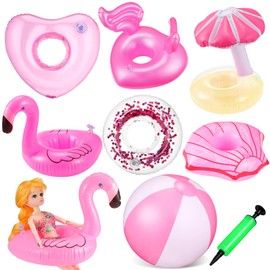 CHENGU 6 Pcs Pool Floaties for Girl Dolls Swim Accessories Set Swimming Pool Floaties Party Ring Girl Dolls Cup Coasters Dolls Pool Toys Doll Pool for 11.5" Dolls Girl Swimming Pool (Pink,Fresh)
