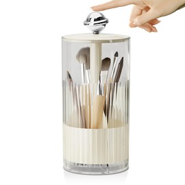 ONXE Auto Rising Makeup Brush Holder,Makeup Brush Organizer with Push-to-Pop Lid,Waterproof & Dustproof Cosmetic Storage for Vanity, Bathroom Countertop,Holds Brushes, Pens, Eyeliner, Eyebrow (White)