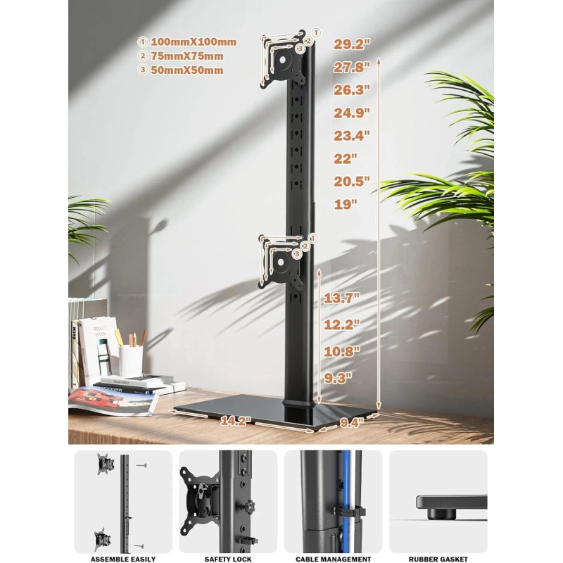 Hemudu Dual Monitor Stand - Vertical Stack Screen Free-Standing Monitor