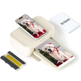4x6 Photo Printer – Includes 20 Sheets & 1 Ribbon, Picture Printer for iPhone, Android, Smartphones, Thermal Dye-Sublimation Printer, AR Video Printing, Portable:_Beige + 20 Sheets