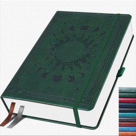 HwxBen Bullet Dotted Journal, Polka Dot Notebook, 256 Pages, 135gsm Ink-proof Paper, PU Hard Cover, Elastic Band, Inner Pocket, for Work, Office and School, 14.5 x 21 cm (Dark Green)