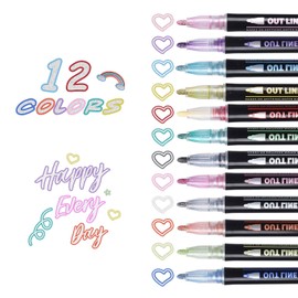 12 Colors Shimmer Outline Markers, Self-Outline Metallic Pen Art Supplies for Teen Girl Birthday Gifts