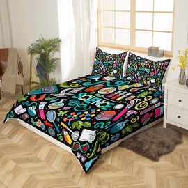 Kids Graffiti Pattern Duvet Cover For Boys Girls Hip Hop Style Comforter Cover Science Theme Bedding Set Colorful Bedspread Cover Ultra Soft Room Decor Double Bedclothes Zipper