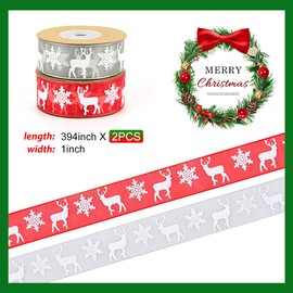 Organza Ribbon 2Rolls, Christmas Ribbon Sheer Xmas Wrapping Ribbon 25mm with Snowflake Elk, 20M Red Grey Gift Wrapping Ribbon for Christmas Decoration Craft Making Bows and Wreaths Xmas Tree Decor