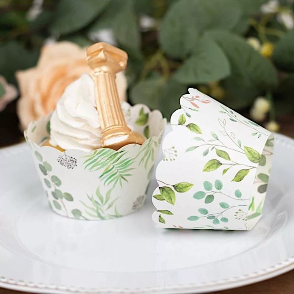 CraftsnFavors 25 WHITE GREEN Eucalyptus Leaves Print Cupcake Liners Muffin