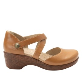 Alegria Women's Savina Latte Slip on Leather Wedge Mary Jane Cross Strap Heel Shoe 6-6.5 M US