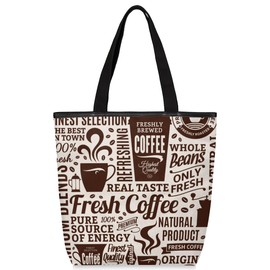 KOBLEN Coffee Shop Theme Canvas Tote Bag Reusable Grocery Shopping Bags for Women Beach Travel Storage Handbag with Zipper Portable Shoulder Bag