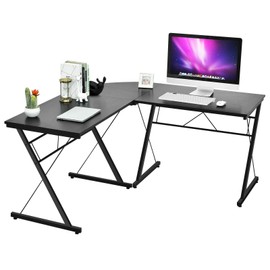 Black L-Shaped Design Corner Desk Home Office Computer Desk Laptop Notebook PC Workstation Gaming Studying Writing Table Multi-Functional Desk Detachable Design Split Into 2 Separate Small Tables