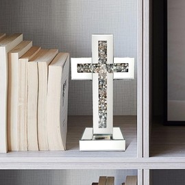 Aeveco Silver Mirrored Cross, Crystal Crush Diamond Cross for Living Room, Bedroom, Home Decor