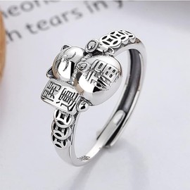SUNYOBAO Women's Ring, One Size Fits Most, Silver, Copper Coin, Letter Engraving, Cat Ring, Cute, Cat Ring, Animal Motif, Adjustable, Stylish, Birthday Gift Accessory
