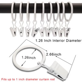 AMZSEVEN 100 Pack Curtain Rings with Clips, Drapery Clips with Rings, Drapes Rings 1.26 in Interior Diameter, Fits up to 1 Inch Curtain Rod, White