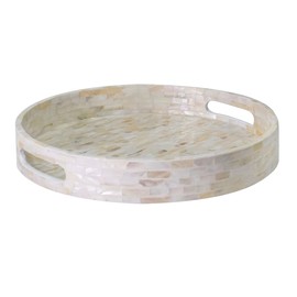 PEMAR 12.6” Mother of Pearl Round Serving Tray with Handles, Decorative Nacred Wooden Ottoman Coffee Table Tray (White Tiles)