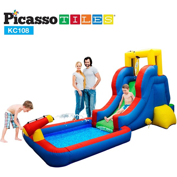 PicassoTiles KC108 Water Slide Park Inflatable Bouncing House w/ Pool Area (Splash Zone), Climbing Wall, Shower Head Sprays Mounts, Water Cannon Mount and Heavy Duty GFCI ETL Certified 385W Blower