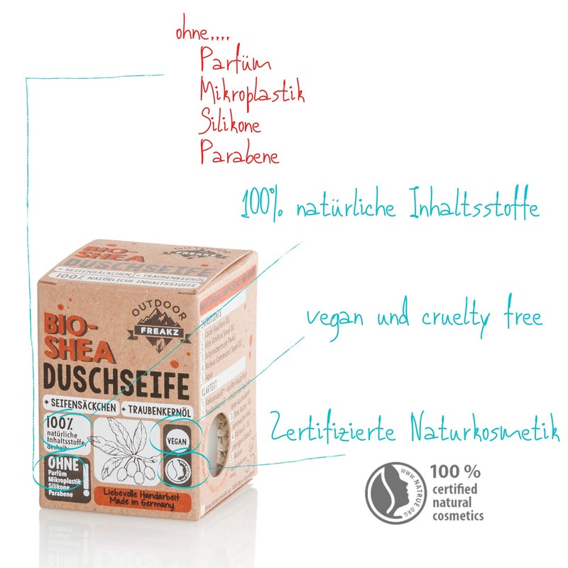 Organic shower soap with soap bag, without plastic or palm