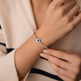 Poxtex Gold Evil Eye Bracelet for Women, 14K Real Gold Plated Beaded Bracelet Waterproof, Stretch Gold Beaded Bracelet Stack Trendy, Simple Gold Beaded Bracelet Jewelry Gift for Women
