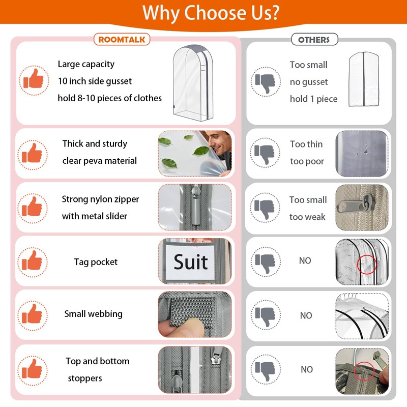roomtalk Clear Garment Bags for Hanging Clothes 10" Side Gusset,