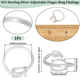 Beebeecraft 1 Box 1 Piece Open Cuff Ring Accessories with Leaves Rhodium-Plated 925 Ring Blanks Made of 10 mm Sterling Silver Oval Prong Ring Settings for Jewellery Making DIY Crafts