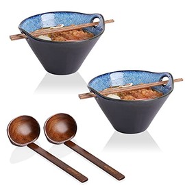 SWEEJAR Porcelain Ramen Bowls, Japanese Ramen Noodle Bowl with Chopsticks And Spoons, 30 oz Deep Bowl for Soup, Salad, Pho, Udon, Reactive Glaze, Set of 2 (Nebule Blue)