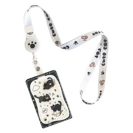 NATUAKE Pass Case with Reel, Neck, Cute, Cat Pattern, Transparent, Commuter Passes, Card Case, Card Holder, Strap, Women's, Students, Thin (Vertical + 3 Cat Patterns)