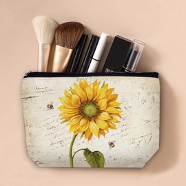 YUMQSEOS Makeup Bag Cosmetic Travel Makeup Bag Organizer Waterproof Makeup Pouch with Zipper Storage Cosmetic Pouch for Women 7x10in - Sunflower Vintage Pattern