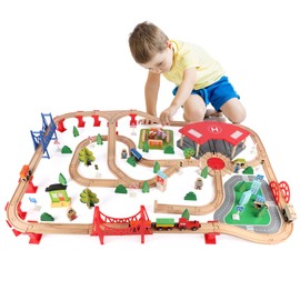 Qilay 140 Pcs Wooden Train Set, Delux Toddler Train Set Railway Kits for Kids, Premium Wood Friendly Building Construction City Train Tracks Toy for 3,4,5 Year Old Boys and Girls