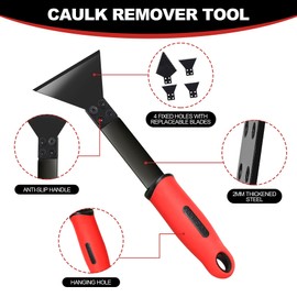 1 Caulk Remover Tool Set ​with 5-piece Blades - 8.7 Inch Industrial Floor Scraper Tool with Long-Handle, Replaceable Silicone Caulking Tool Kit for Glass Caulk, Adhesive, Sink Joint,Tiles, Walls