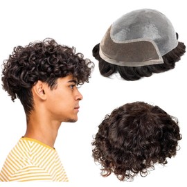 Toupee for Men Human Hair Mens Toupee PU Base with Lace Front Human Hair Units 10mm Curly Wave Mens Wigs Toupee Hair Real Human Replacement System for Man BIO Units Patch 10" x 8" (#2 Dark Brown)