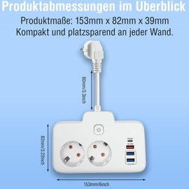 Double Plug for Socket, Power Strip, Distribution Socket Wall Mounted with 3 USB A & 1 USB C, PD 20 W - White