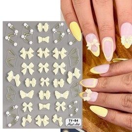 5D Bow-Knot Nail Decals - Embossed Pearl Ribbon Stickers, Self-Adhesive Bows, 1 Sheet