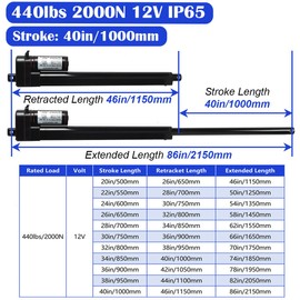 KM-LINEARTECH 40 inch 1000mm 440lbs 12V Electric Linear Actuator 2000N 40" High Speed 0.3"/sec Long Stroke Waterproof IP65 with Mounting Brackets for Home Industrial Automation, Marine Equipment