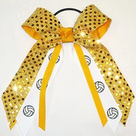 Volleyball Soft Touch Sequin Hair Bow, Made in the USA, White Pony Band (Gold)