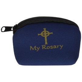 Catholic Gift Blue My Rosary Zippered Pouch Case with Stamped Gold Celtic Cross Design