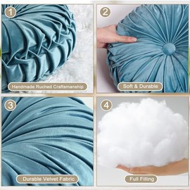 Hig Juego Almohadas Decorativas Redondas Plisadas Terciopelo Azul Polvoriento