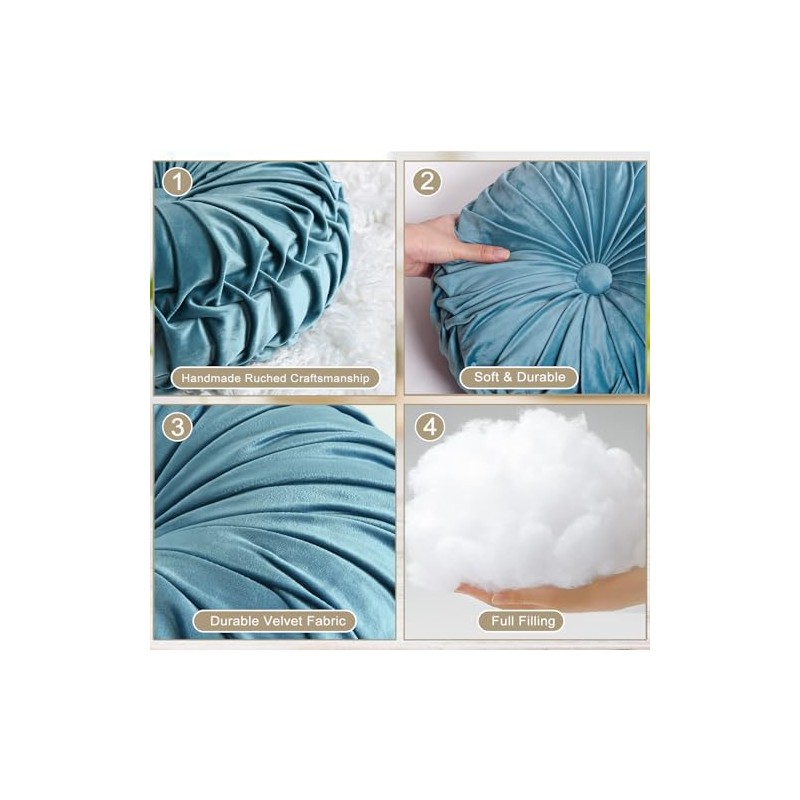 Hig Juego Almohadas Decorativas Redondas Plisadas Terciopelo Azul Polvoriento