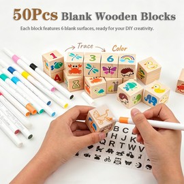 Baby Shower Wooden Block Decorating Kit 136PCS DIY Baby Blocks Stencils & Storage Box for Baby Shower Games, Gender Reveal, Baptism Party Supplies