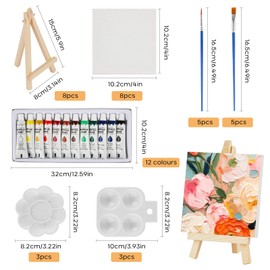 44 Pcs Mini Canvas and Easel, Mini Canvas Painting Set includes 4x4 Inches Canvas, Paint Brushes, Paint Palette and Acrylfarben, Wooden Mini Easels with Art Canvas for Kids and Artists Art Party