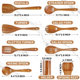 Pleafind Wooden Spoons for Cooking, 9 Pcs Wooden Utensil Set, Wooden Cooking Utensils Set with Holder ＆ Spoon Rest, Soft Comfort-Grip Wooden Kitchen Utensil Set, Kitchen Gifts for Women or Pro Chef