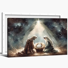 ANRUOXI Nativity Wall Art, Birth of Christ Canvas Prints, Christian Home Bedroom Churches Wall Decor, Mary & Joseph, Birth of Jesus in a Manger Picture, Framed Religion Christmas Artwork 12x18 Inch