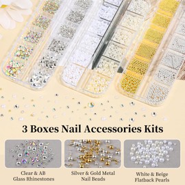 3 Boxes Nail Decoration with Tweezers and Brush Kit, White & Beige Half Round Pearls, Gold Silver Small Caviar Beads Balls, Clear & AB Glass Crystal Rhinestones, for Face Makeup Manicure Crafts(10-K3)