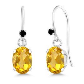 Gem Stone King 925 Sterling Silver Yellow Citrine and Black Diamond French Wire Dangle Hook Earrings For Women (1.22 Cttw, Gemstone November Birthstone, Oval 7X5MM)