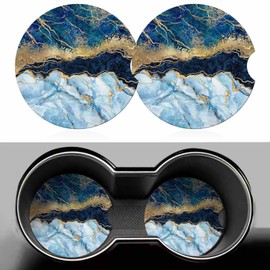 Blue Marble 2 Pack Car Cup Holder Coaster Fake Stone Liquid Abstract Texture Anti Slip Insert Absorbent Ceramic Car Coaster with Cork Base and Finger Notch Cute Car Accessories Interior for Women Men