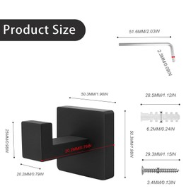 HERKINDNESS Towel Hooks for Drilling, Pack of 2 Towel Hooks, Black, Stainless Steel Towel Hooks, Matte Black, Comes with Screws and Wrench, for Room, Bathroom, Kitchen, Balcony