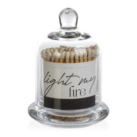 Zodax Apothecary Guild Light My Fire Matches with Glass Dome - Home Decor for Bathroom and Kitchen - Glass Jar with Bell Cloche - Decorative Match Holder - Includes 150 Matchsticks - White