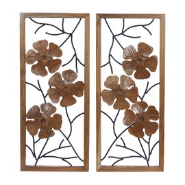 Deco 79 Teak Wood Floral Handmade Home Wall Decor Framed Carved Wall Sculpture with Metal Wire, Set of 2 Wall Art 14"W, 32"H, Brown