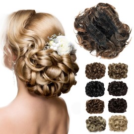 Luxiremi Hairpiece Bun Scrunchie Updo Curly Dark Brown Highlights Thick Hair Bun Hair Extension Combs in Bun Hairpiece for Women Ladies