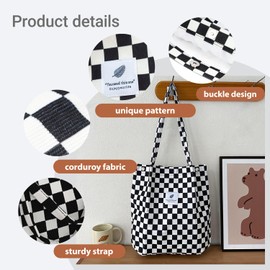 Women's Cord Shopper Bag, Tote Bag, Shoulder Bag, Shopper with Front Pockets, Large Capacity for Work, Black Square