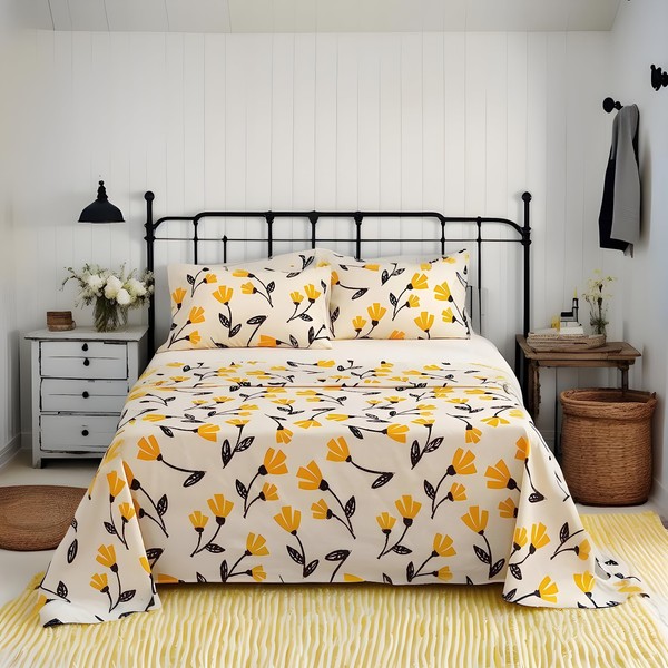 DaDa Bedding Farmhouse Yellow Fleur Floral Fitted and Flat Bed