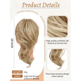 KooKaStyle ponytail extensions 10" short curly clip in fake ponytail hairpieces for women thinning hair light ash brown & bleach blonde daily use